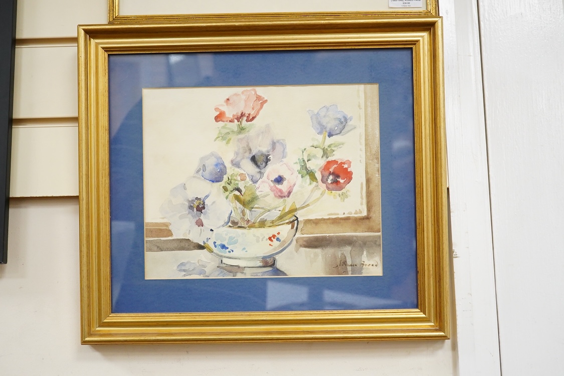 Adrian Broad (20th. C), Still life with bowl of Nasturtiums, signed, watercolour, 22 x 26cm